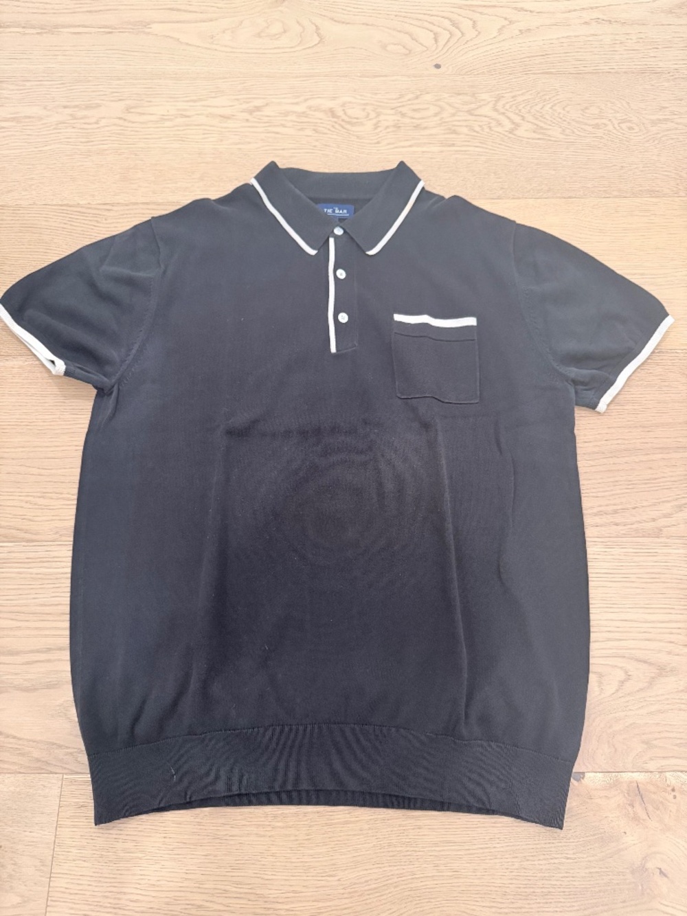 The Tie Bar Black Knit Polo Sweater Shirt White Trim Pocket Large - Picture 1 of 8